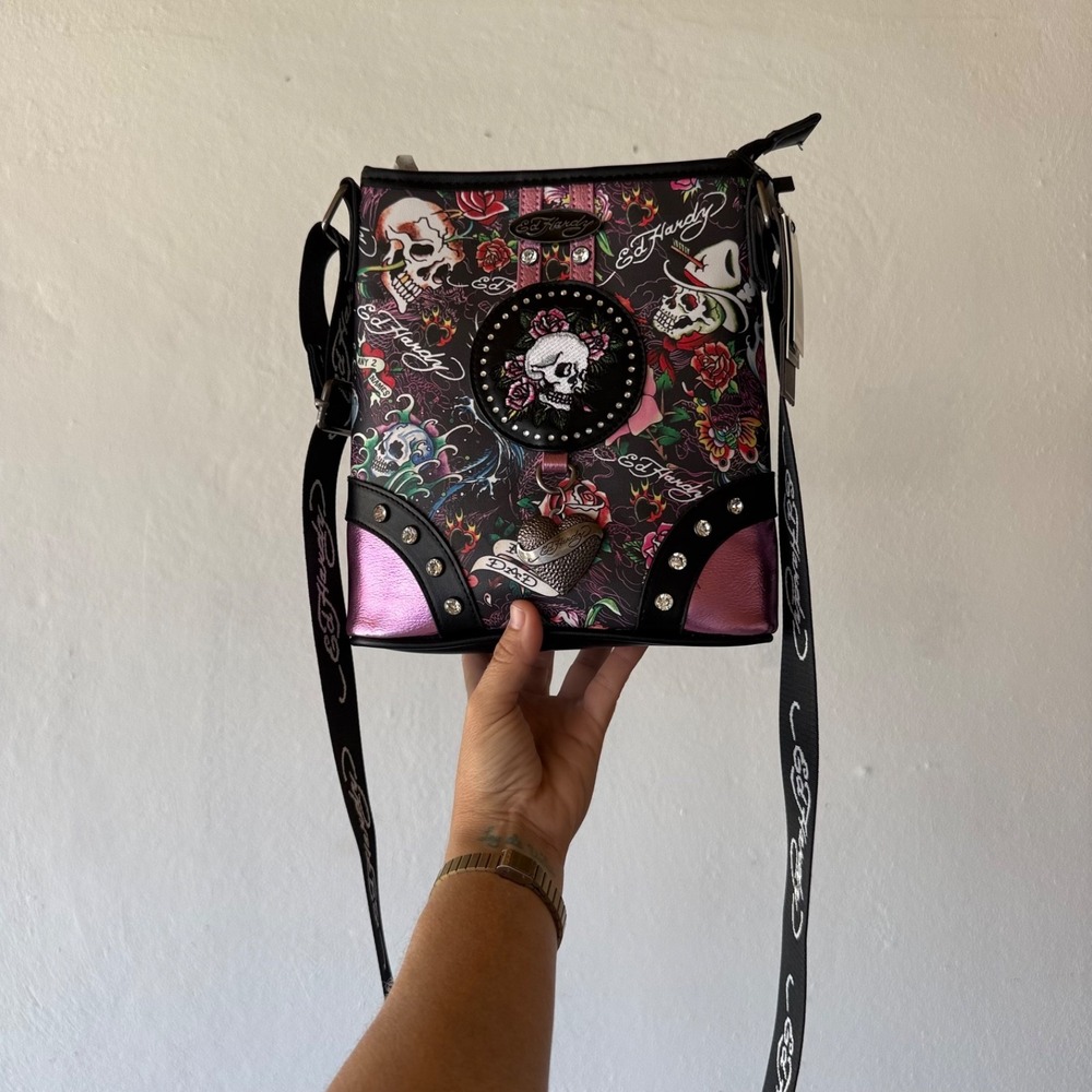 Ed Hardy Skull Roses Tattoo Crossbody Bag Studded Y2K Purse NWT Metallic Pink
